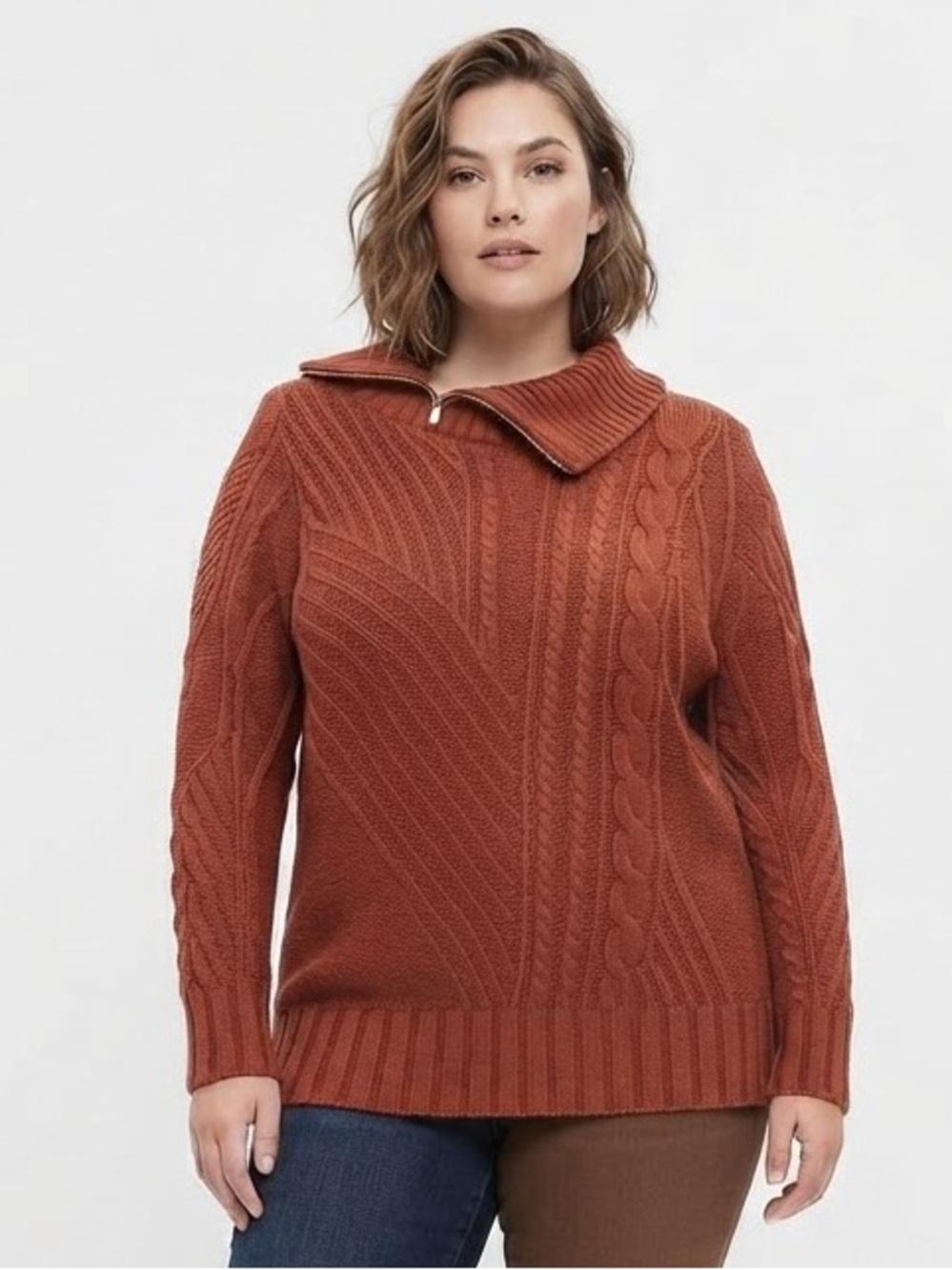 St. John's Bay Rust Cable-Knit Zip Collar Sweater